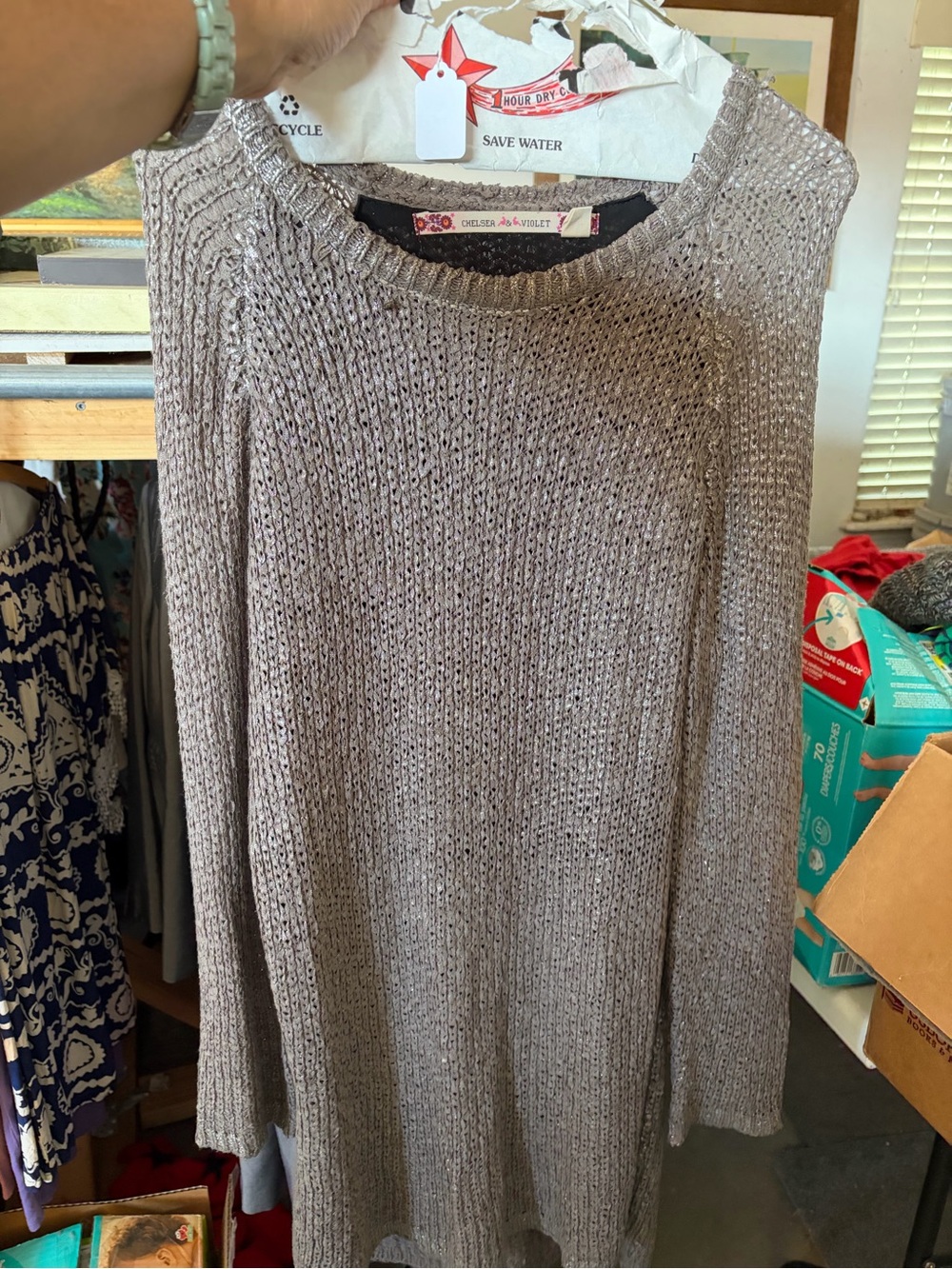 Chelsea & Violet Open-Knit Taupe Crewneck Sweater shimmery